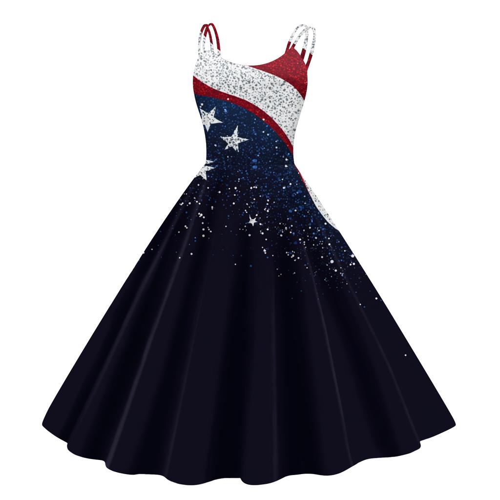Women’s Sleeveless Vintage Floral Print Off Shoulder Dress with Flag Pattern for Summer Casual Wear