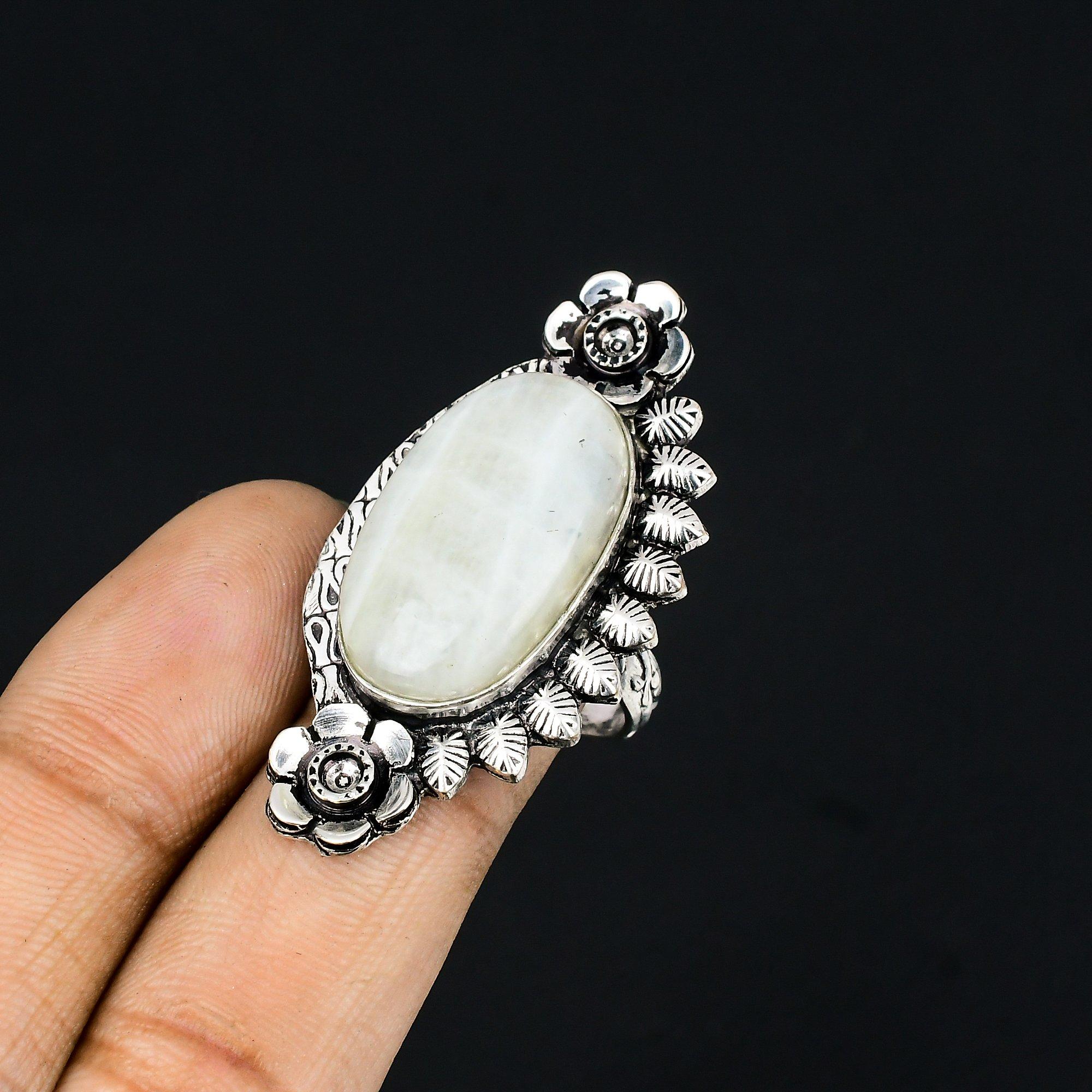 Natural Rainbow Moonstone Sterling Silver Statement Flower Promise Ring Size 7.5 7.5