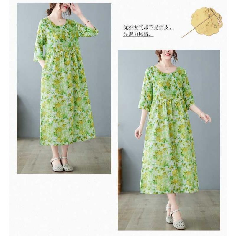 Lato Nowość Literacki Duży Rozmiar Luźny Cienki Okrągły Dekolt Rękaw Pięciominutowy Sukienki Damskie Odmładzające