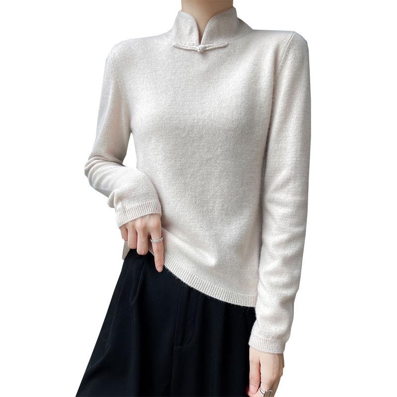 Women's High Neck Wool Cashmere Sweater with Frog Buttons - Retro Chinese Style Pullover Knitwear for Autumn/Winter.