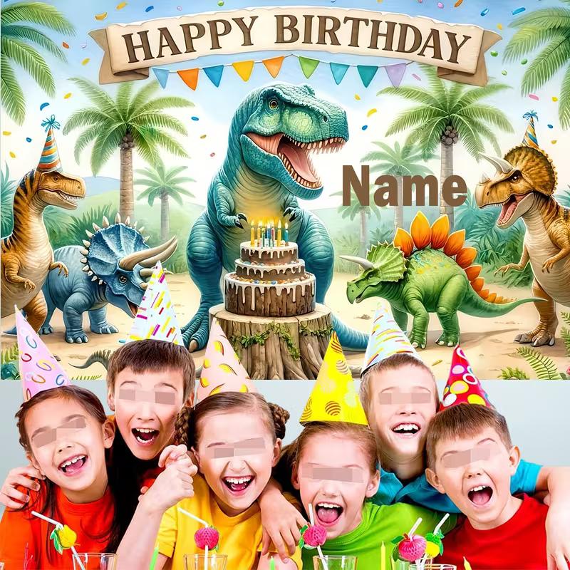 Cute Cartoon Dinosaur Birthday Backdrop, Customizable Name Tropical Jungle Party Background for Boys Room & Photoshoot