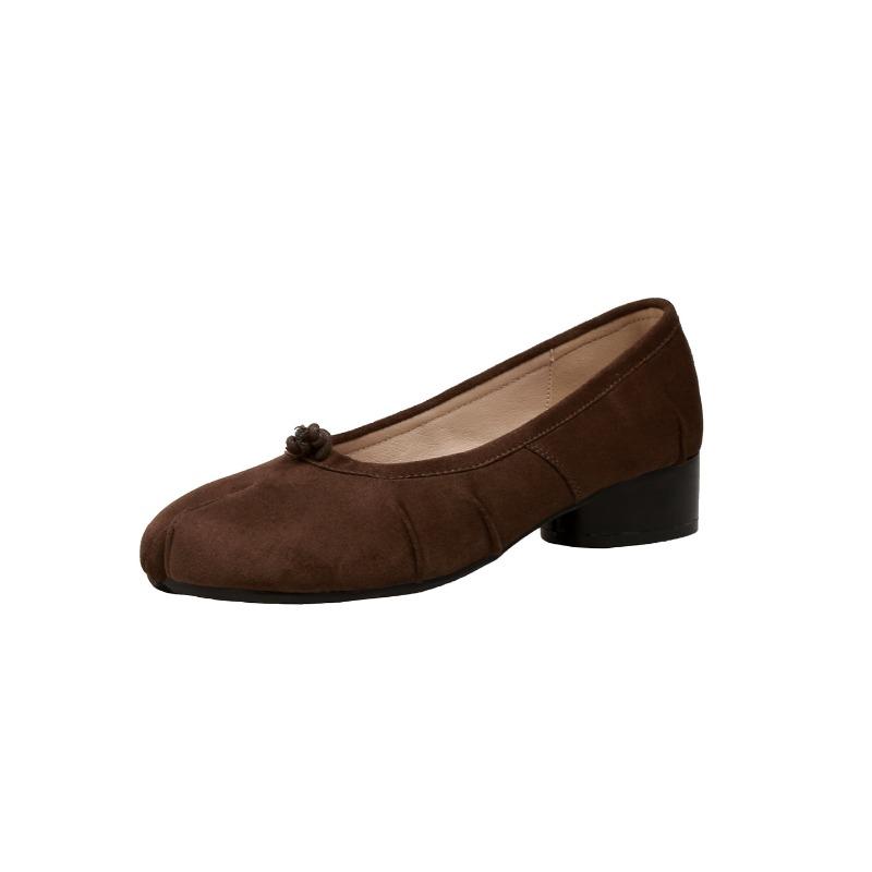 

Cowhide version, thick heel pleated split-toed shoes, one-pedal shallow single shoes, women s medium heel leather pig s trotters, retro ballet shoes 40