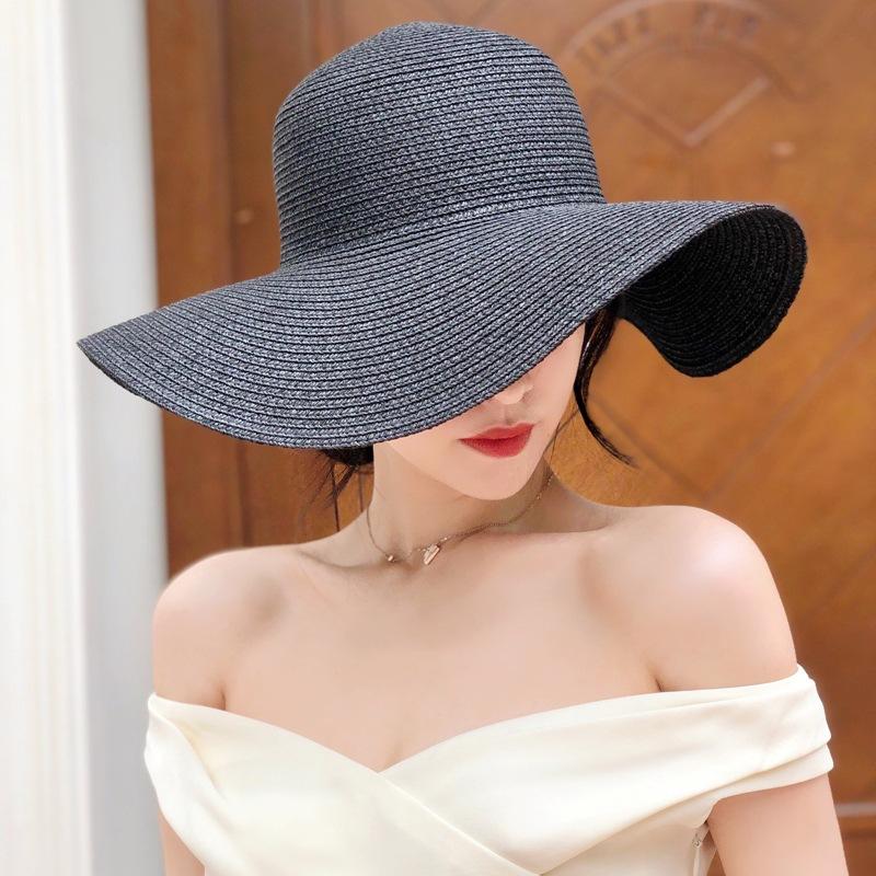 Hepburn Elegant Black Vintage French Wave Big Brim Straw Hat Women'S Sunscreen Shade Resort Beach Sun Hat