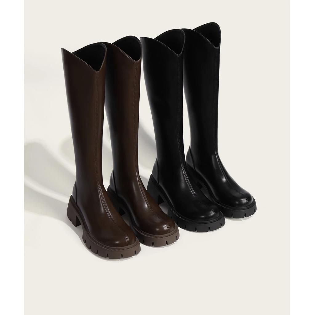 Qiao Feifei V-mouth long boots for women 2025 autumn and winter brown thick-soled high boots Knight boots Children increase height and look thinner