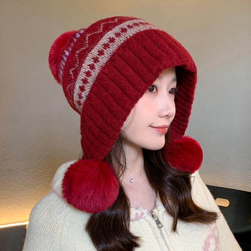 Herbst Winter Pelzig Warm Lässig Vielseitiger Stil Winddicht Ohrenschutz Bommel Dekoration Strickmütze Bequem Gemütlich Trendig