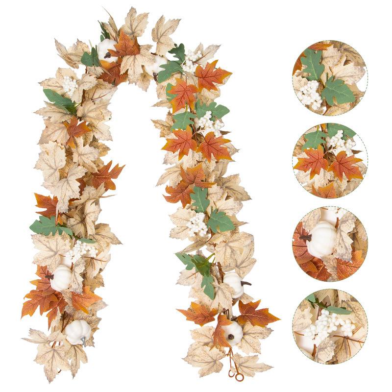 Fall Maples Leaves Garland Simulation Maple Leaf Pumpkin Berry Vine Wreath Thanksgiving Halloween Christmas Fireplace Decoration