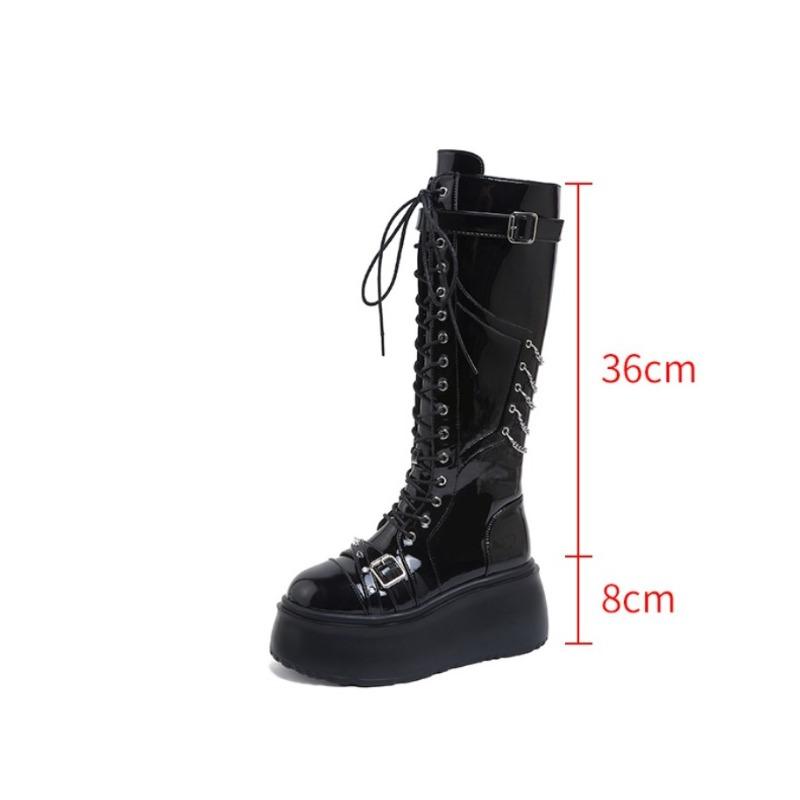 Fashion Heavy Metal Platform Women Boots New Dark Punk Heightened Chain Rivet Lace-up High Boots Female Zip Rock Biker Boots