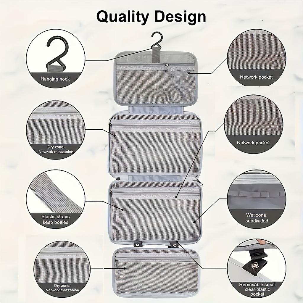 Portable Travel Cosmetic Bag Hanging Mesh Four Fold Toiletry Organizer with Multiple Compartments and Durable Zipper Closure for Bathroom Storage