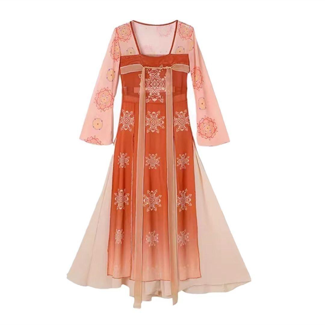 Женский костюм для классического танца Хань Тан - Платье из градиентной марли с высоким воротником для китайского выступления 3XL