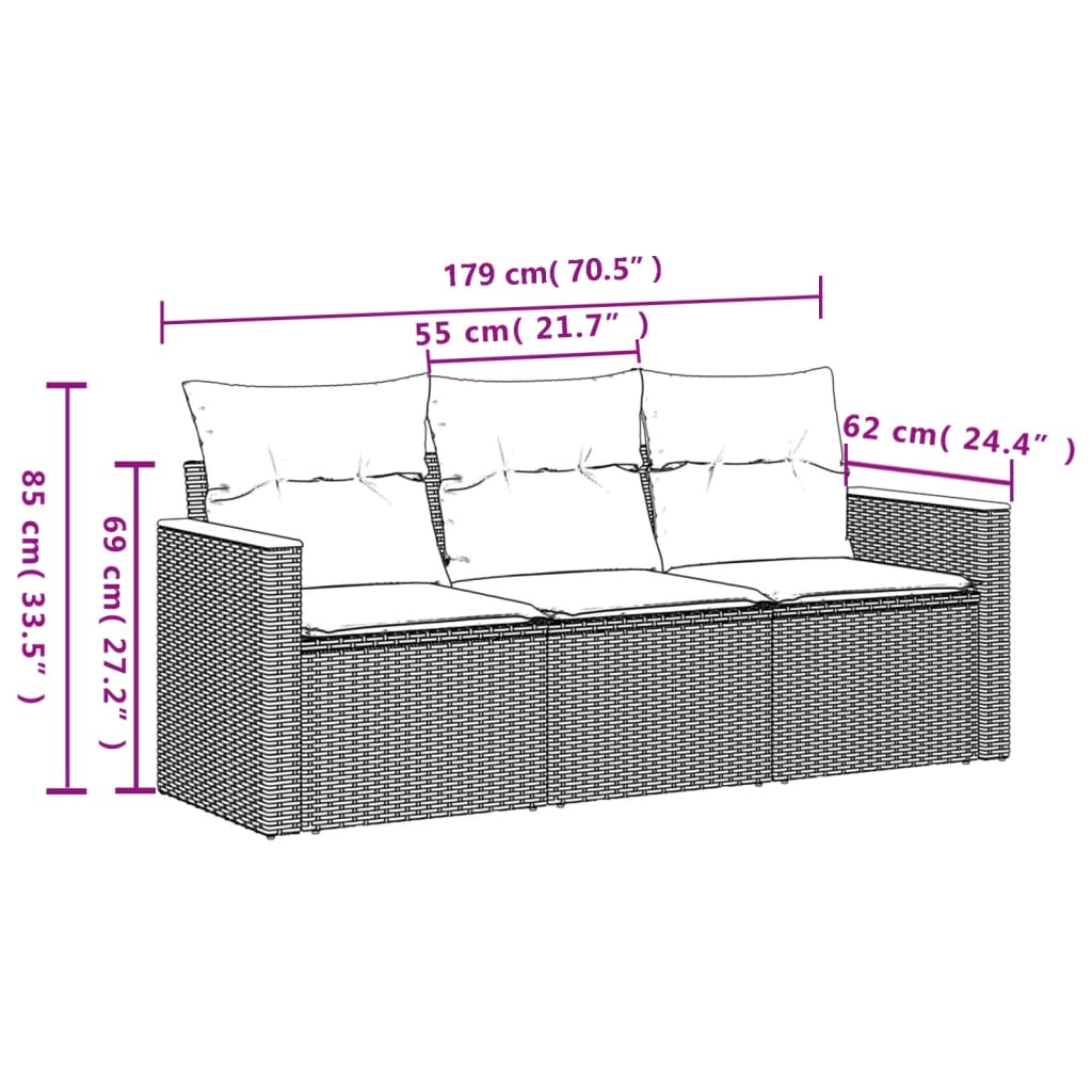 Vidaxl 3-Cz. Garden Lounge Set, Cushions, Black PE Rattan