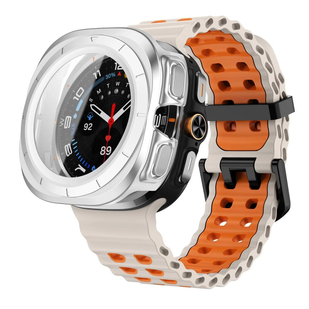 Gehärtetes Glas Case+Armband Für Samsung Galaxy Watch 7 ultra 47mm Zweifarbiges Sport-Silikonarmband Galaxy Watch Ultra7 Hülle