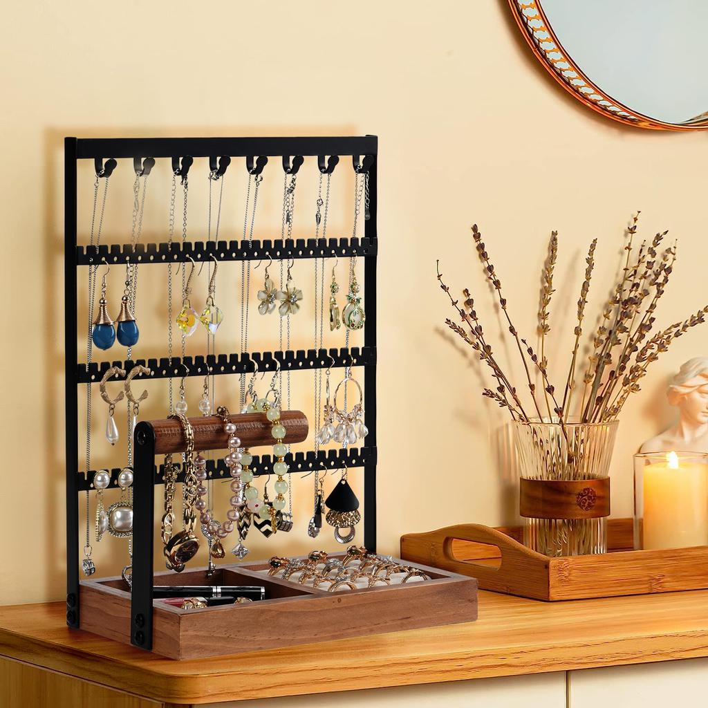 Nový kovový stojan na šperky Dřevěná sametová krabička na uložení prstenů Stojan na vystavení náramků a náhrdelníků Stojan na náušnice