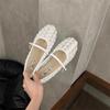 Fashion SUOJIALUN 2025 Summer New Women Flat Shoes Fashion Flower Lace Slip On Mary Jane Shoes Soft Flat Heel Outdoor Dress Single Shoes