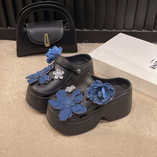 Fashion Slippers Women Summer Beach Shoes Slides Sabot Denim Floral Beach Shoes Ladies' Slippers Sabot Summer Denim Slides