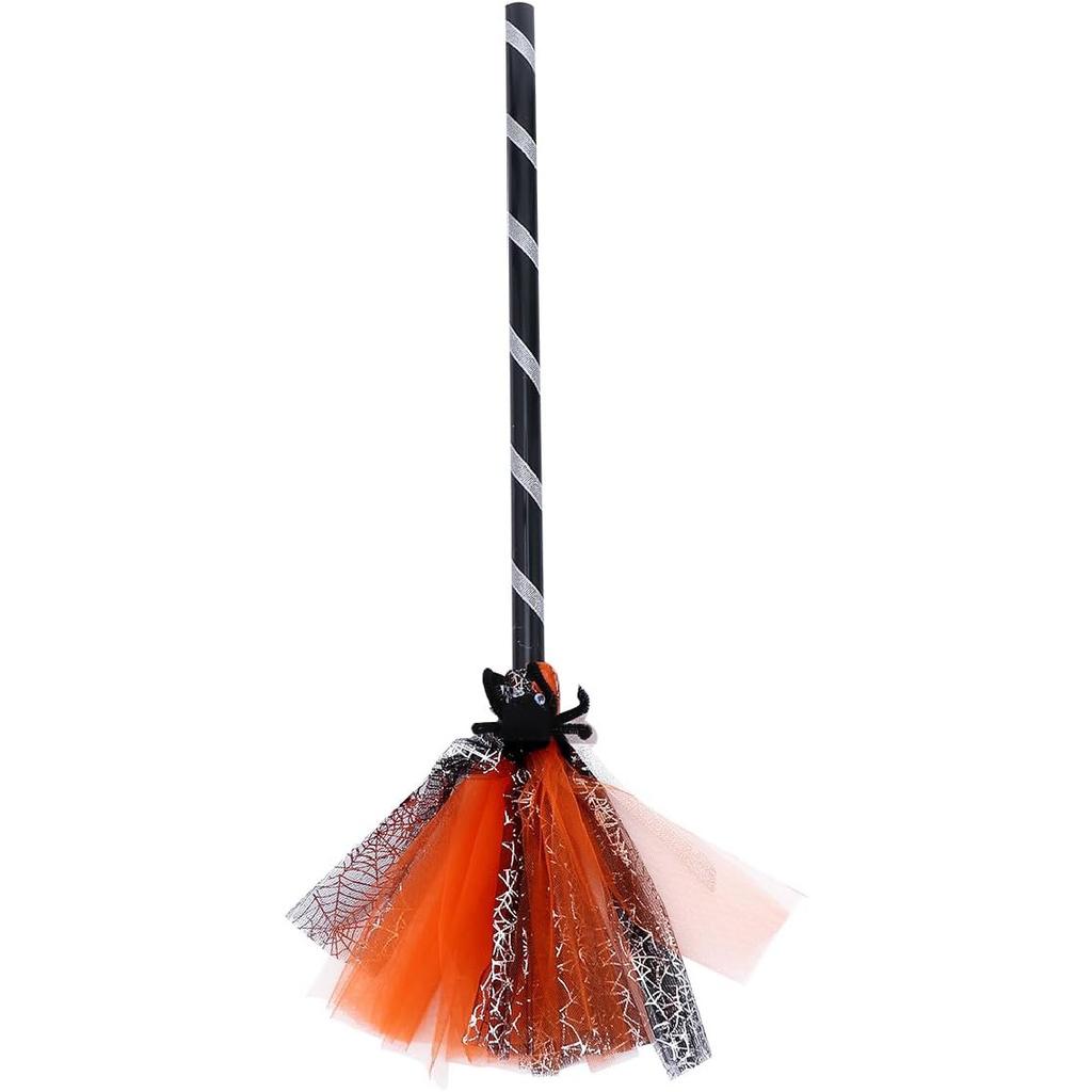 Halloween Witch Broomstick Cosplay Broom Props Realistic Wizard Flying Broom Stick Accessory for Costumes Orange