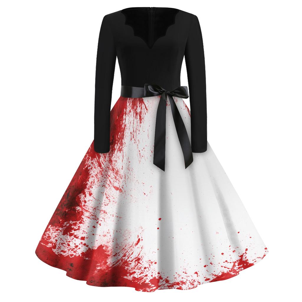 Womens Casual V Neck Halloween Print Vintage Dress Long Sleeve Retro Fit and Flare Midi Dress with Waist Tie Belt
