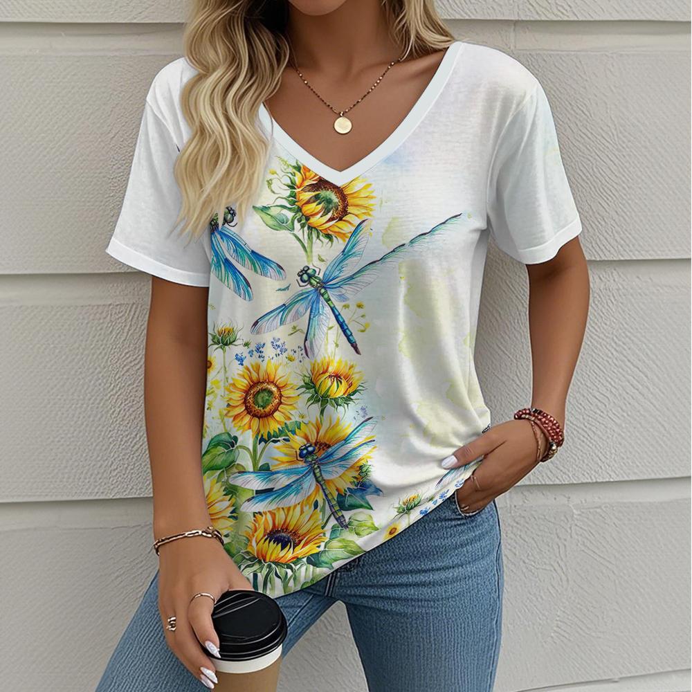 Letní gradientní 3D umělecký květinový potisk grafická halenka dámská s V-výstřihem módní retro oblečení volné oversized tričko