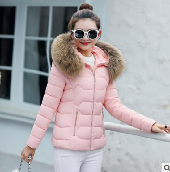 Women's Plus Size Short Down Cotton Jacket with Big Fur Collar
