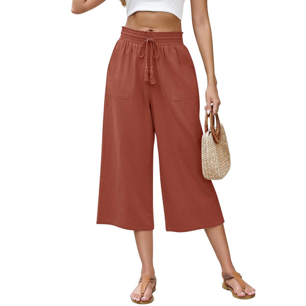 Linen Casual Wide Leg Pants For Women Elastic Waist Versatile Business Casual Work Palazzo Trousers With Pockets