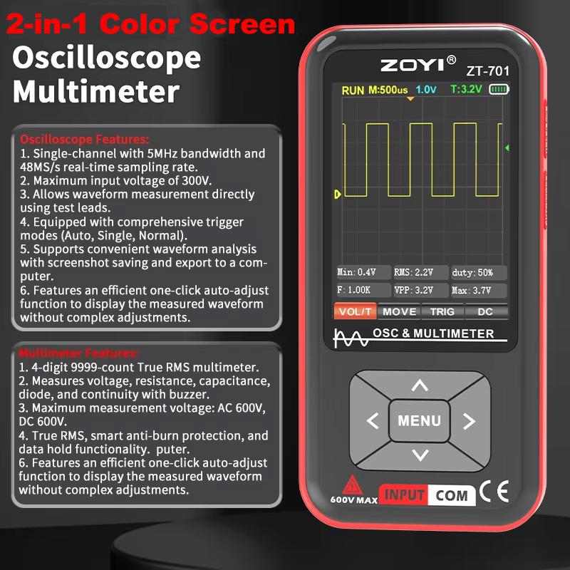 ZOYI ZT-701 2 IN 1 Digital Oscilloscope Multimeter 48Msps 5MHz Portable Multimeter Multifunctional Electrical Test Tool