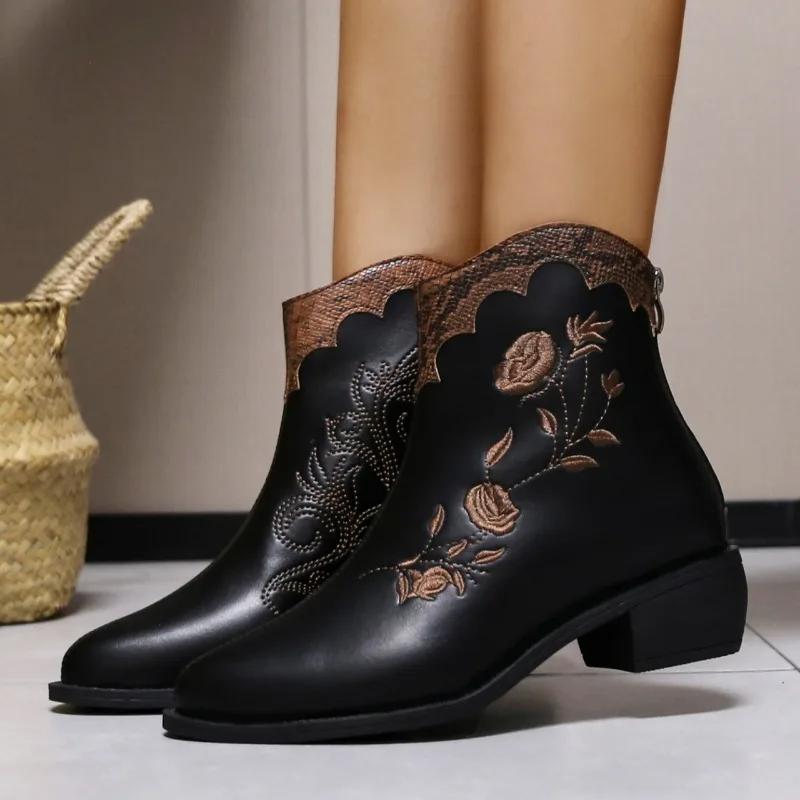Winter Knöchel Quadratischer Absatz Moderne Stiefel Reißverschluss Spitzschuh Damen Schuhe im Angebot 2025 Neu Mittelhoher Absatz Einfarbig Bestickt Damenstiefel
