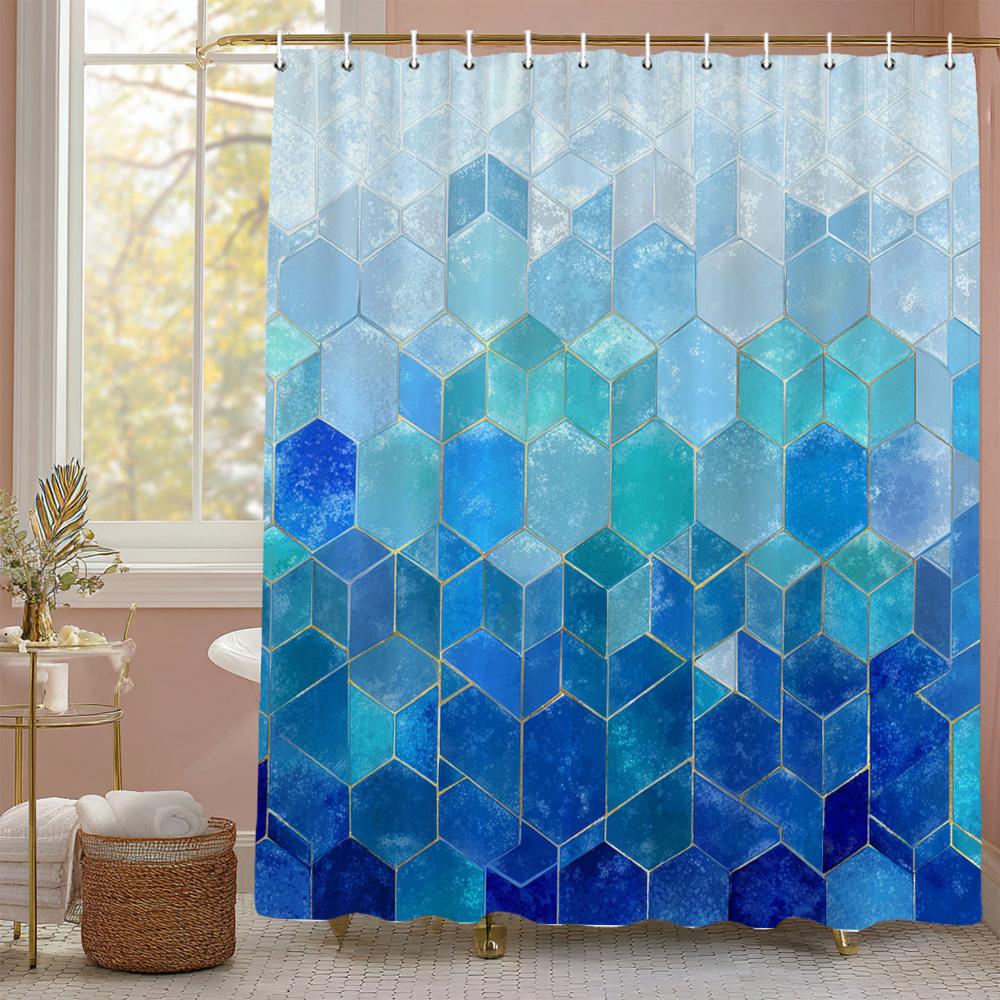 

Modern Geometric Marble Texture Printed Shower Curtain Bathroom Curtain,Hanging Curtain 12 Hooks Decoration Machine Washable W60H190(CM)-1 Pcs