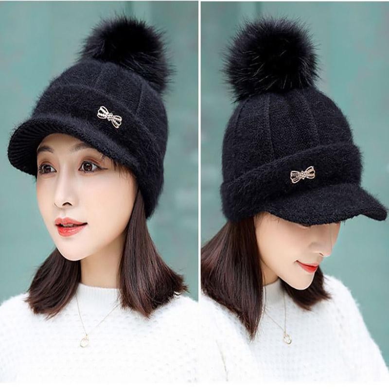 Winter Plus Velvet Knitted Hat Korean Fashion Fur Ball Warm Cap Thick Rabbit Fur Wool Hat for Women