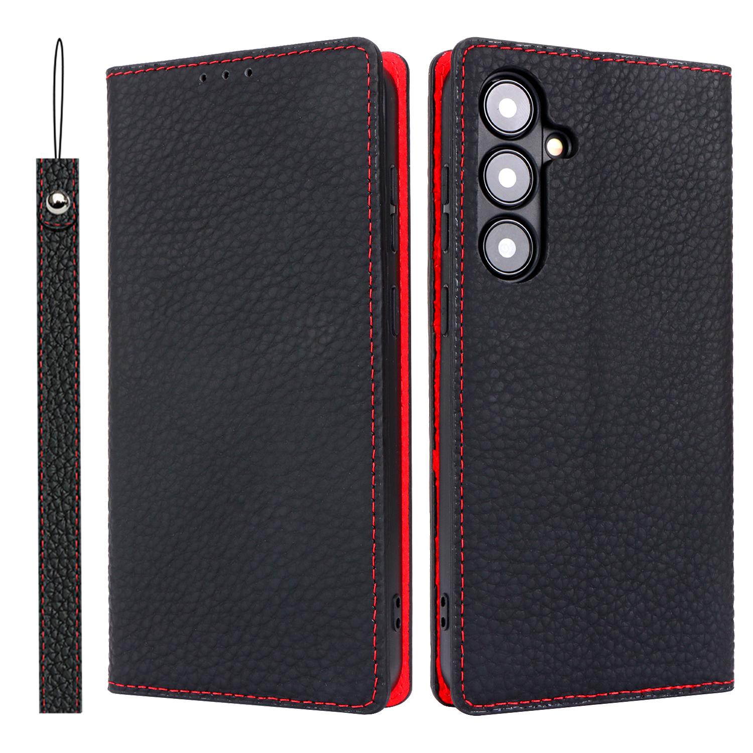

For Samsung Galaxy S24+ Wallet Case Genuine Cow Leather Phone Cover with Strap A