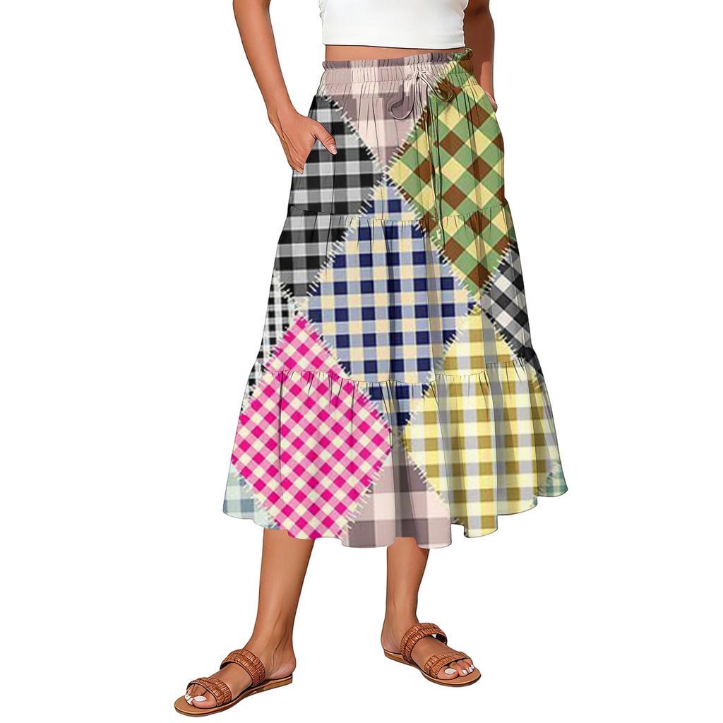 Falda casual de mujer con estampado de cuadros y cintura elástica con cordón
