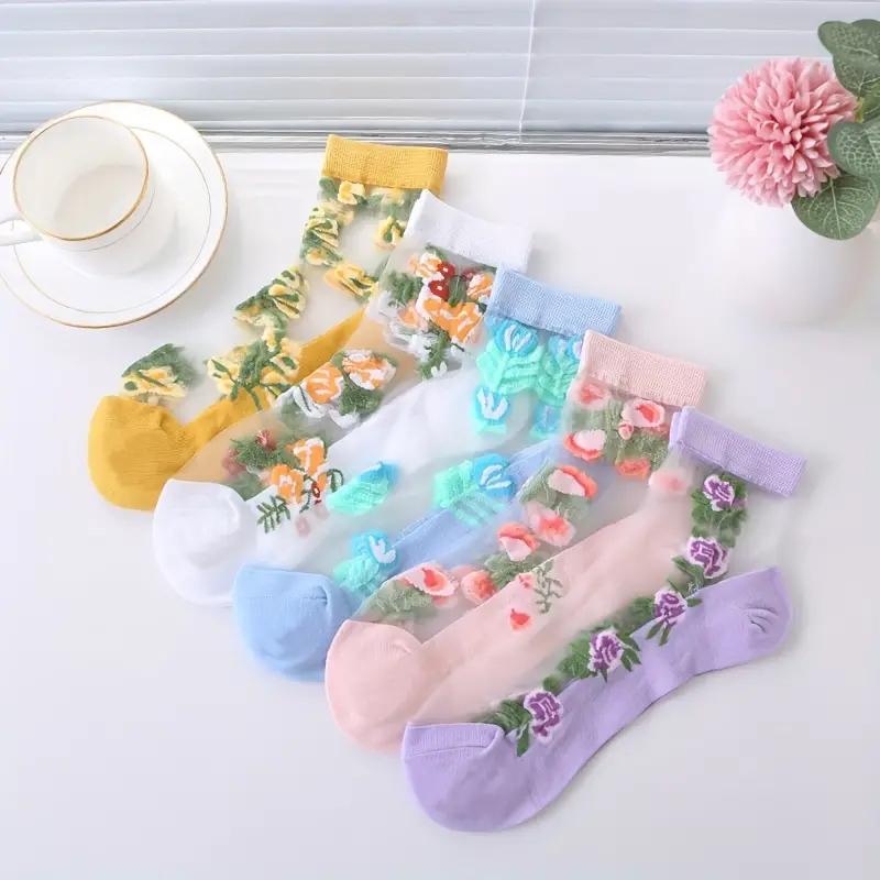 

5 пар ярких носков с цветочной вышивкой - Мягкие, легкие, дышащие и полупрозрачные носки средней длины - Машинная стирка, женские One Size