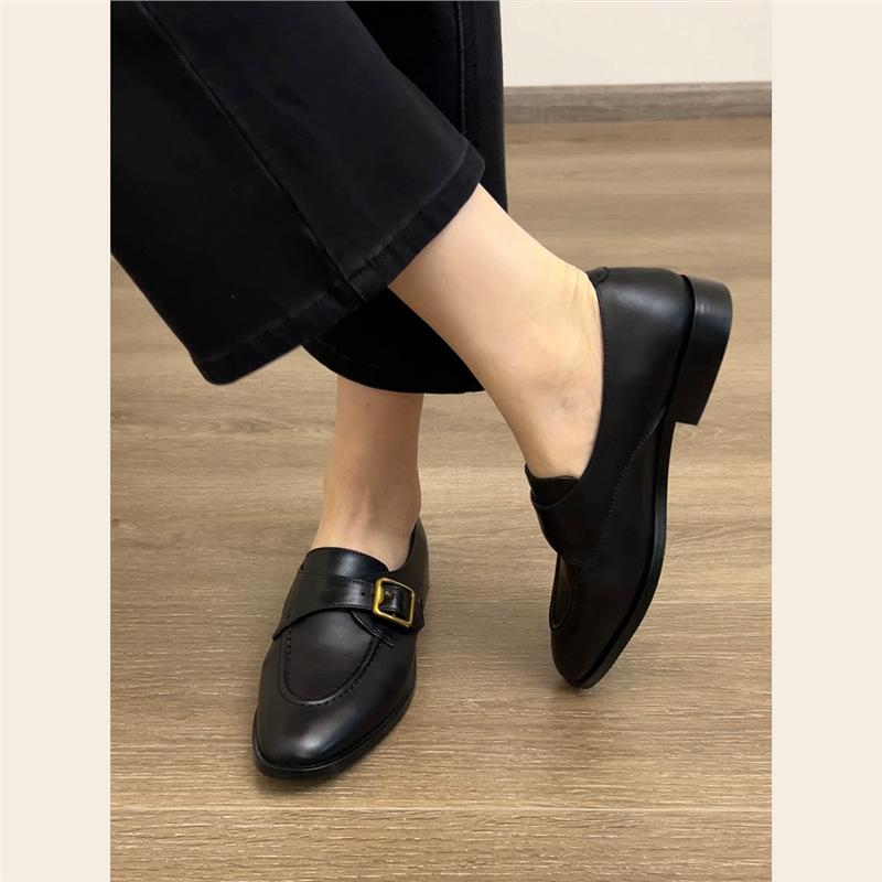 New British style handmade soft leather retro square buckle one-pedal versatile loafers