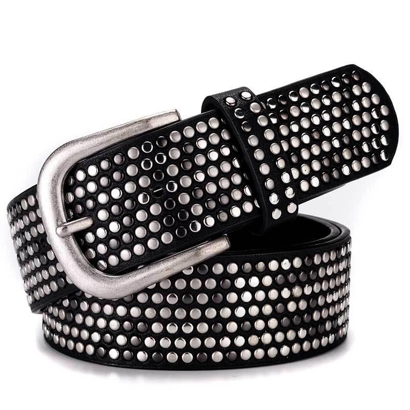 Women's Fashionable Rhinestone Black Leather Belt for Jeans and Formal Wear - Korean Style Trendy