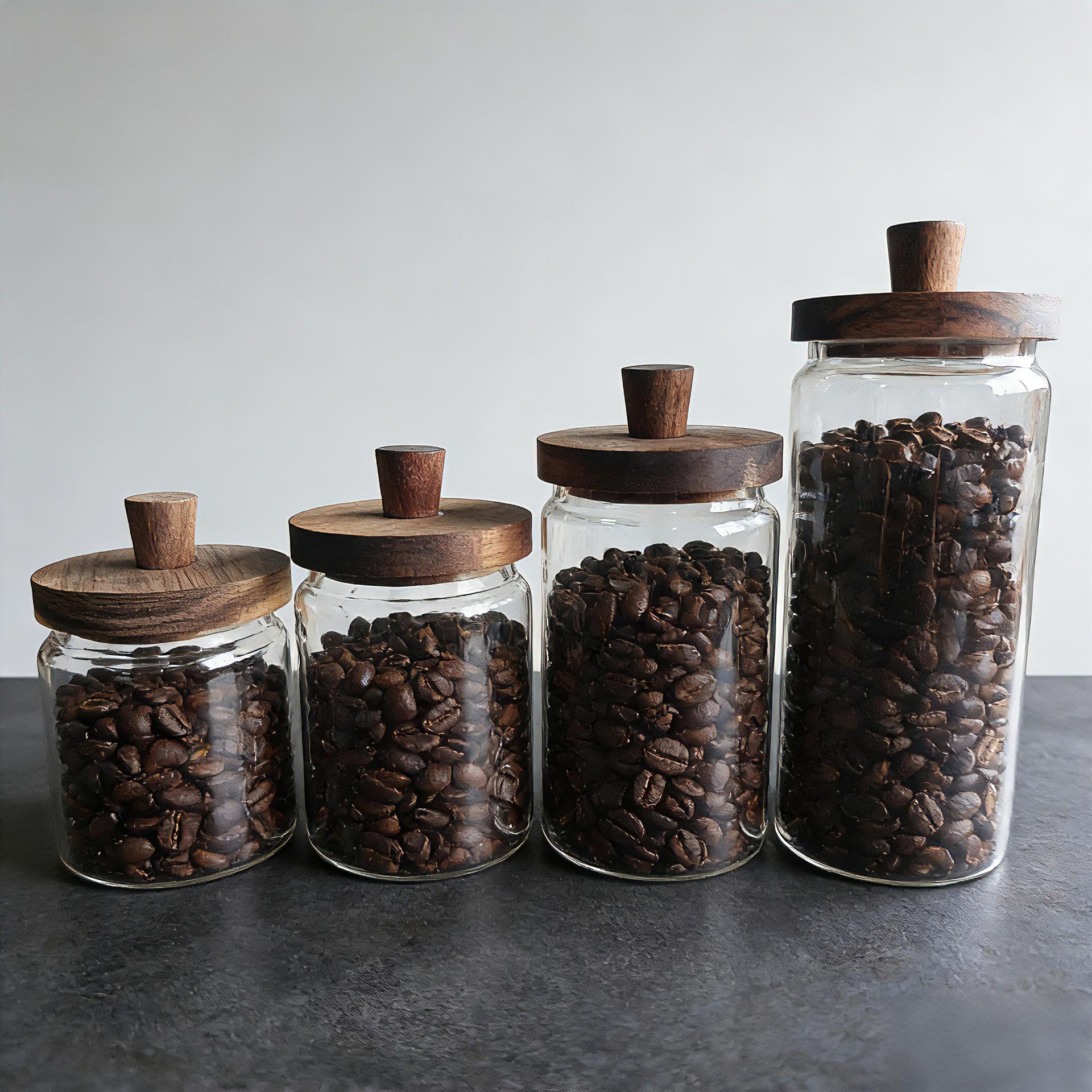 High Borosilicate Clear Glass Storage Jar with Sealed Acacia Wood Lid for Coffee Beans and Tea, Dustproof & Moistureproof.