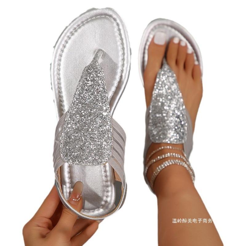 Sequined Flat Shoes Elastic Band Flip-flops Women's Plus-size Bohemian Simple Beach Flip-flops