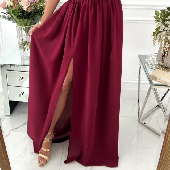 Sleeveless Side Split Flowy Hem Elegant Dress Sexy Skew Collar Ruffle Decor
