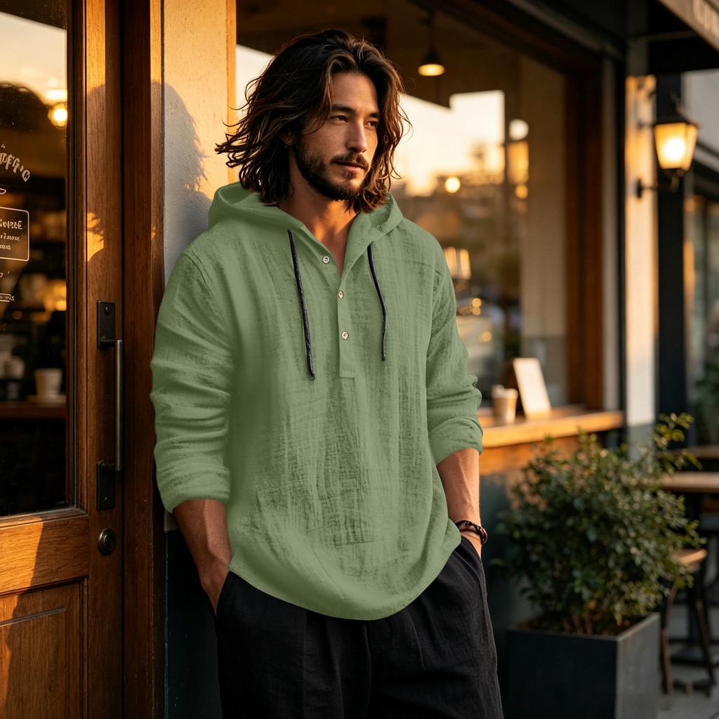 Men's Linen Cotton Hoodie Long Sleeve Casual Pullover