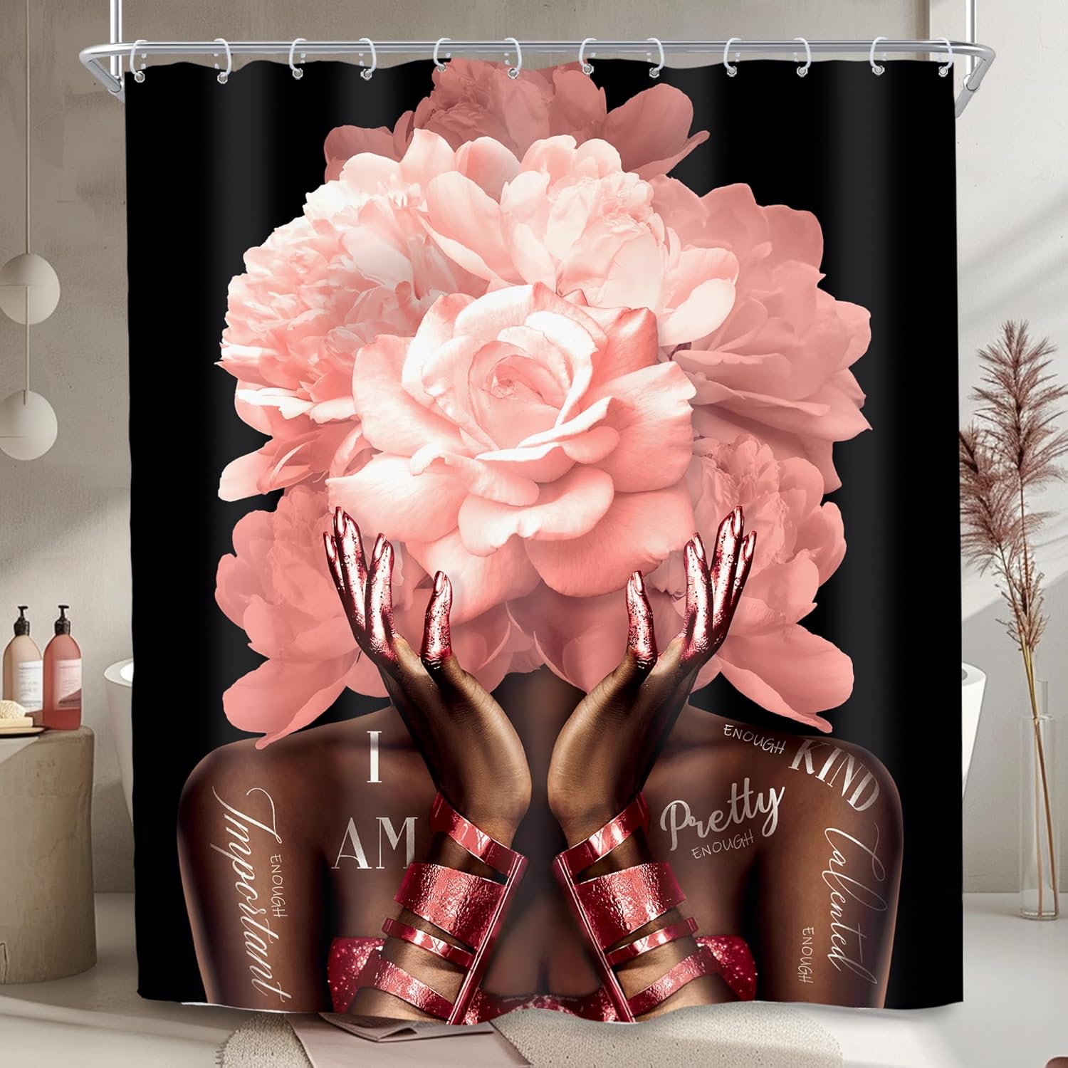 

African American Shower Curtain, Black Gold Peony Floral, Modern Girly Quotes, Waterproof Polyester with Hooks W270xH180cm