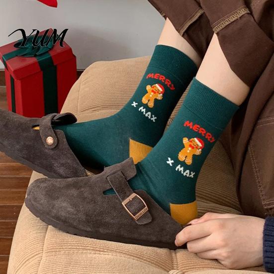 Soft Breathable Cotton Socks Cute Christmas Stockings, Crew for Women, Holiday New Year Festive Thermal with Gingerbread Man/Reindeer/Bell Patterns