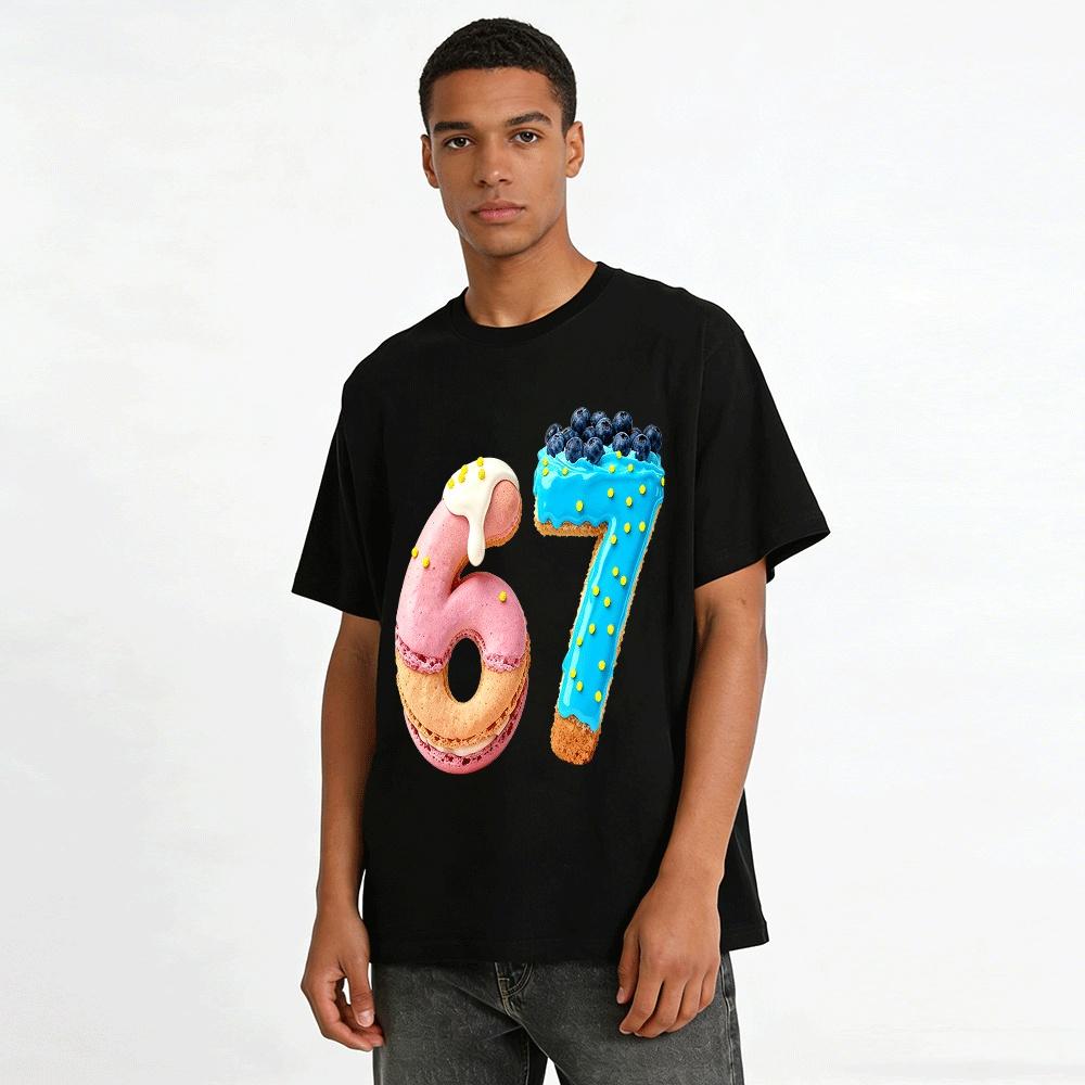 Fun Number 67 Dessert Print Casual T-Shirt Pure Cotton T-shirt