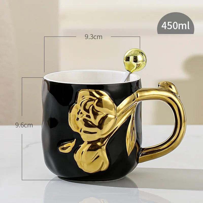 Electroplated Ceramic Mug with Handle Spoon, Creative Light, Luxury Relief Flowers, Home Water Cup, 450ml Capacity, 1Pc