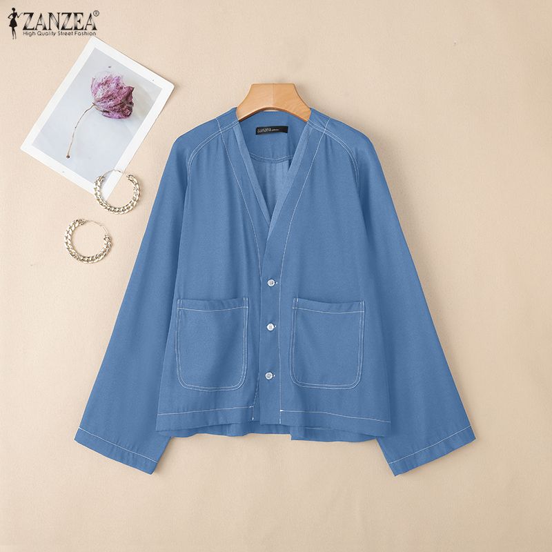 ZANZEA Women Casual V-Neck Loose Long Sleeve Blouse