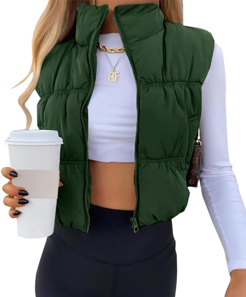 Womens Cropped Puffer Vest Zip Up Sleeveless Lightweight Padded Winter Outerwear