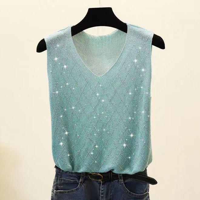 2023 Shiny Silk Sleeveless V-Neck Women's Vest - Spring/Summer New Style, Loose Fit with Hot Diamond Sling Knitted Design