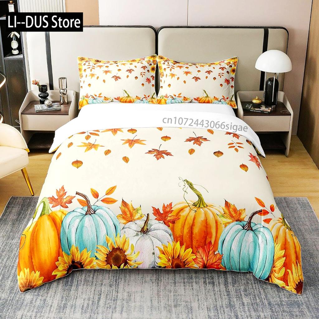 Autumn Pumpkin Duvet Cover Full Size 3 Pcs Watercolor Orange Maple Leaves Bedding Set For Kids Teens Adults With 2 Pillowcases