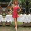 Summer Red Waist One Shoulder Slant Shoulder Print Slim Fit Dress