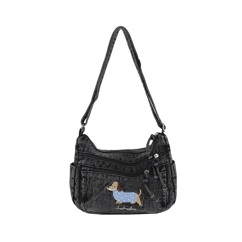 Denim Vintage Shoulder Bag Women Embroidered Cat Crossbody Bag