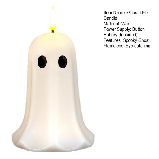Realistic Wax Ghost Candle Halloween Flameless Candles, Battery Operated LED Flickering Light, Real Bedroom Nightstand Ornament Cute 3D Pillar