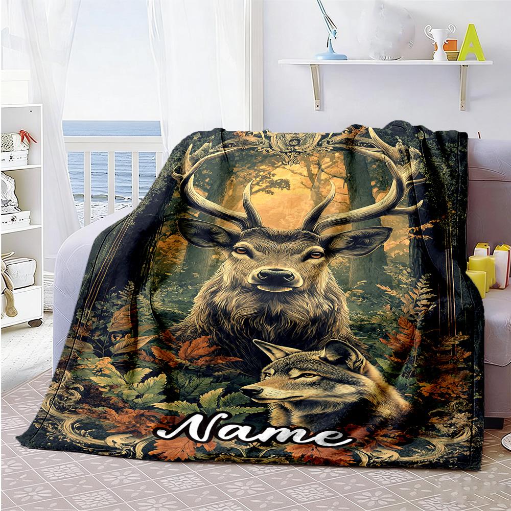 Deer Wolf Customize Text Blanket Multi-purpose Customizable Blanket Warmthful Decor Great for Couch Bed Living Room Seaside Ideal for All Seasons