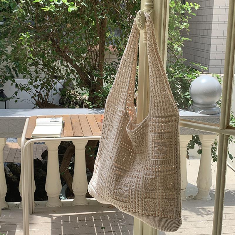 Simple Crochet Tote Bags Fashion Hollow Knitted Women's Bags Casual Female Shoulder Bags Ladies Shopping Top-Handle Bags Handbag