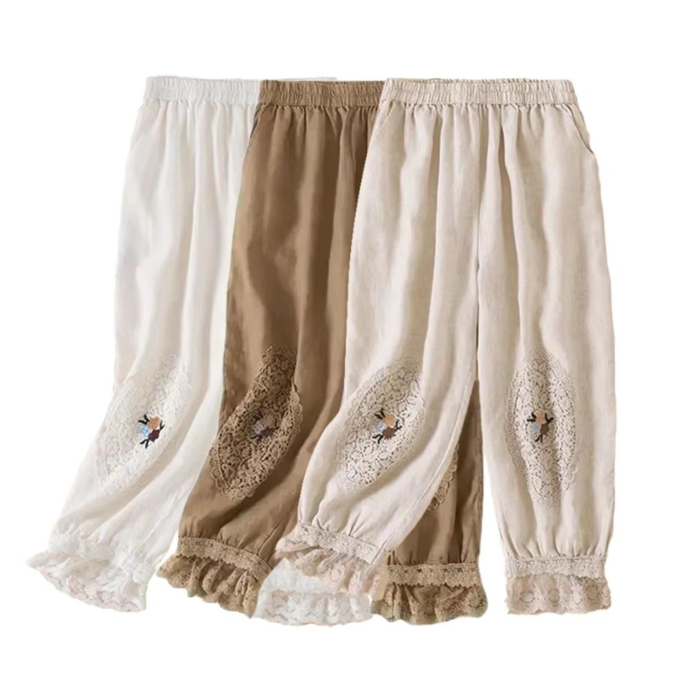 Women's Spring/Summer Vintage Embroidered Patchwork Lace Pants Japanese-Style Tapered Capri Pants